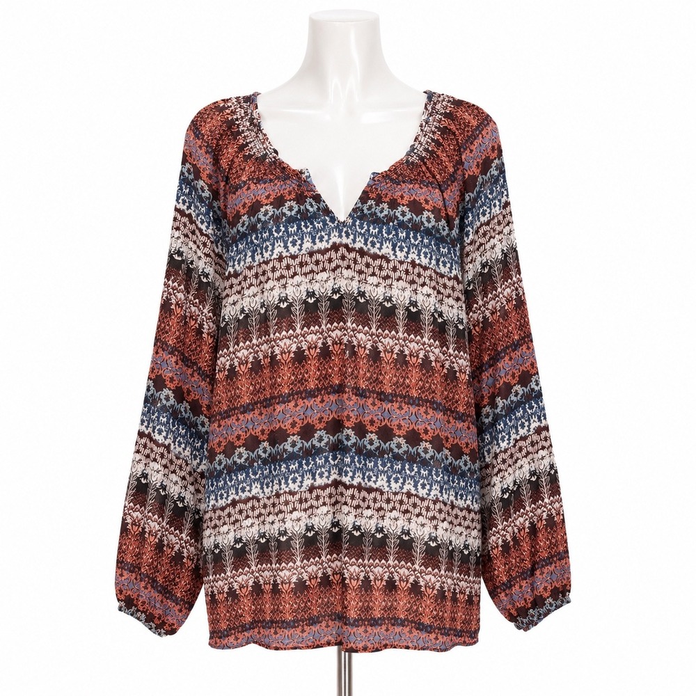 Garnet Hill Silk Blouse Womens L Multi Color Boho Smocked V-Neck Long Sleeve Top